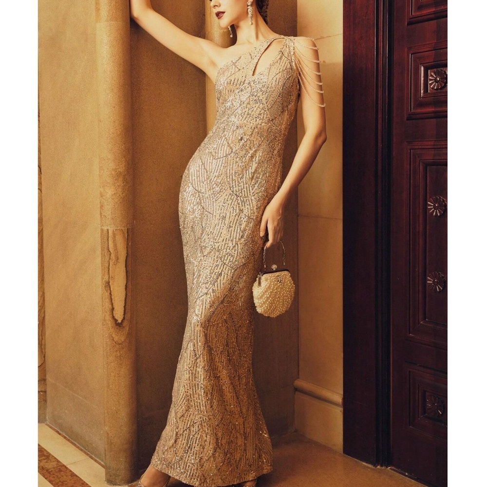 Luxe Sequins Cut out One Shoulder Prom evening Formal Dress